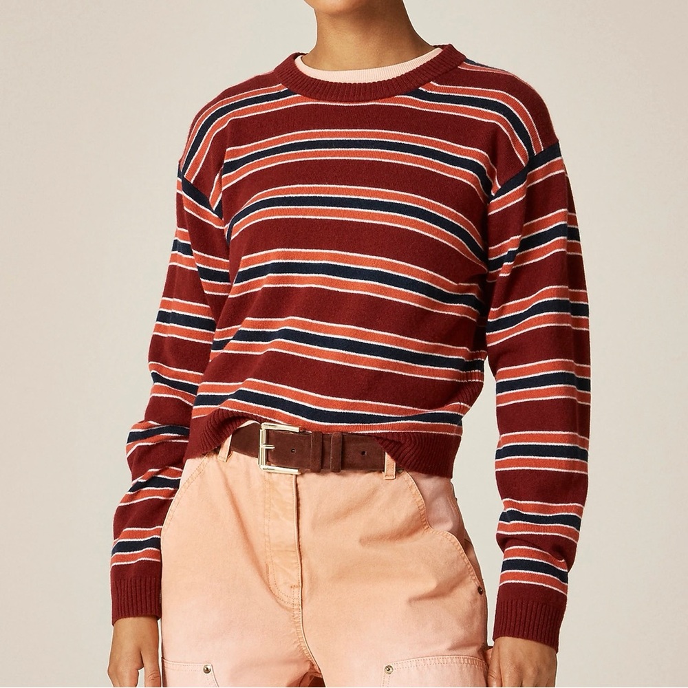 J.Crew Perfect Cashmere Crewneck Sweater in Burgundy Multi Stripe